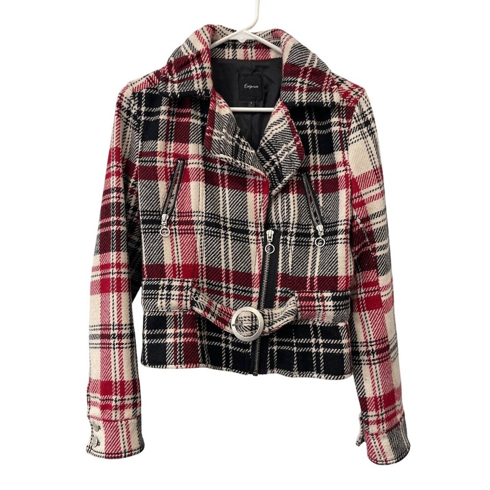 Express Moto Jacket Size Small Plaid Zip Front Belted Red Black Wool Christmas